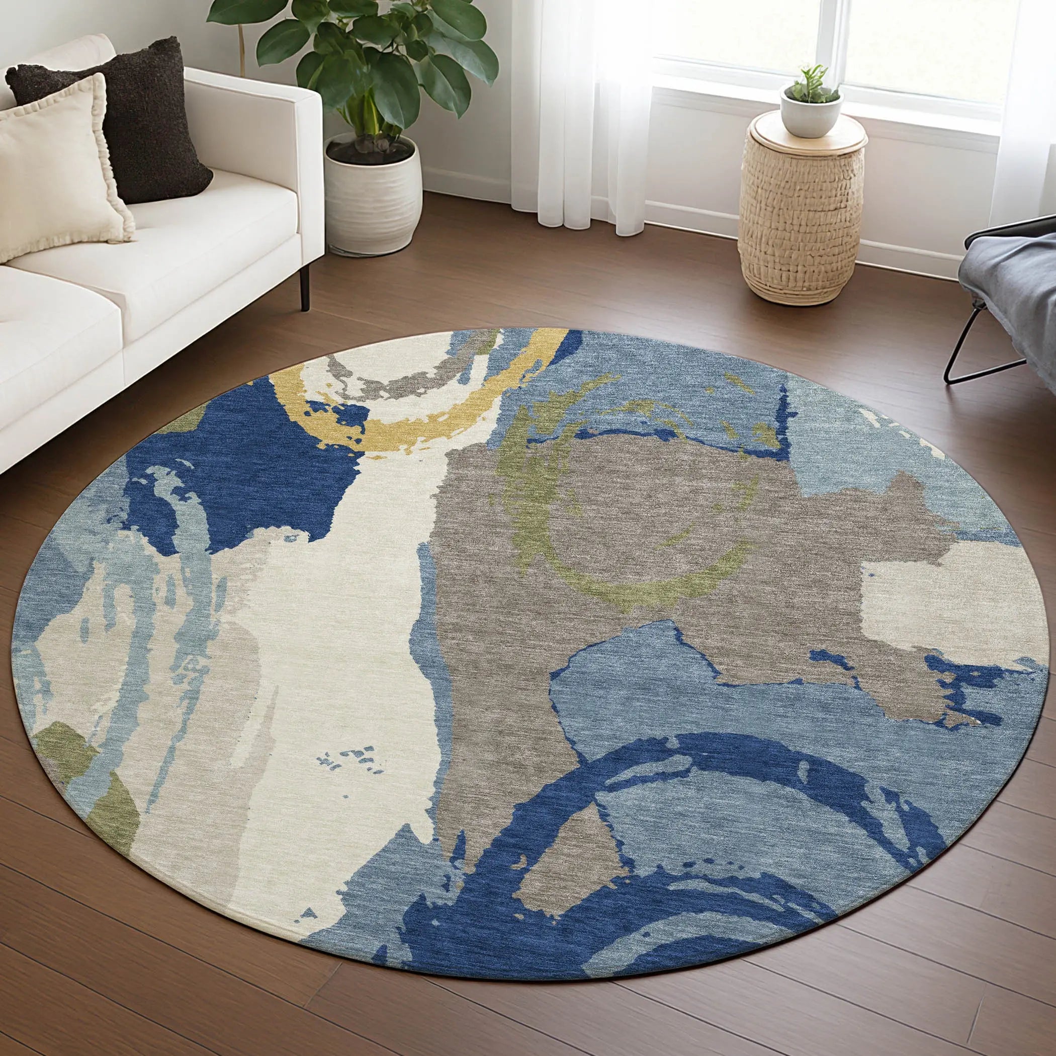 8' Blue And Green Round Abstract Washable Indoor Outdoor Area Rug Homeroots Outdoor