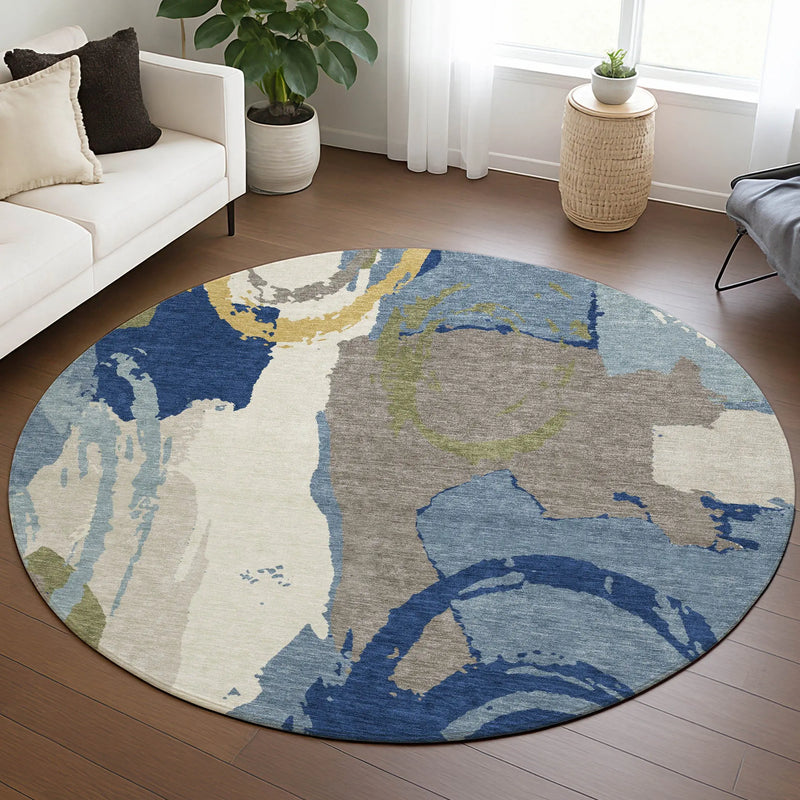 8' Blue And Green Round Abstract Washable Indoor Outdoor Area Rug Homeroots Outdoor