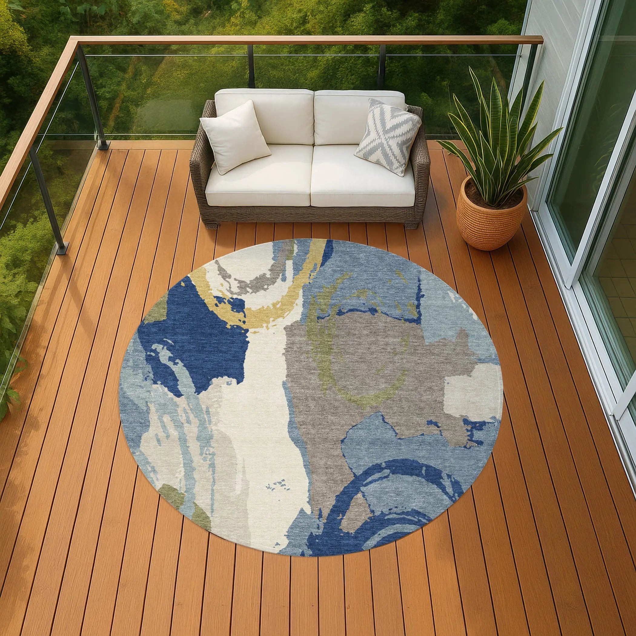 8' Blue And Green Round Abstract Washable Indoor Outdoor Area Rug Homeroots Outdoor