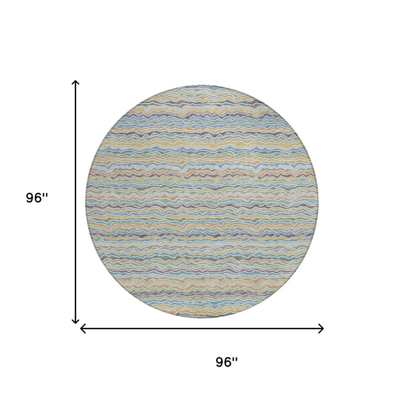 8' Blue And Green Round Striped Washable Indoor Outdoor Area Rug Homeroots Outdoor