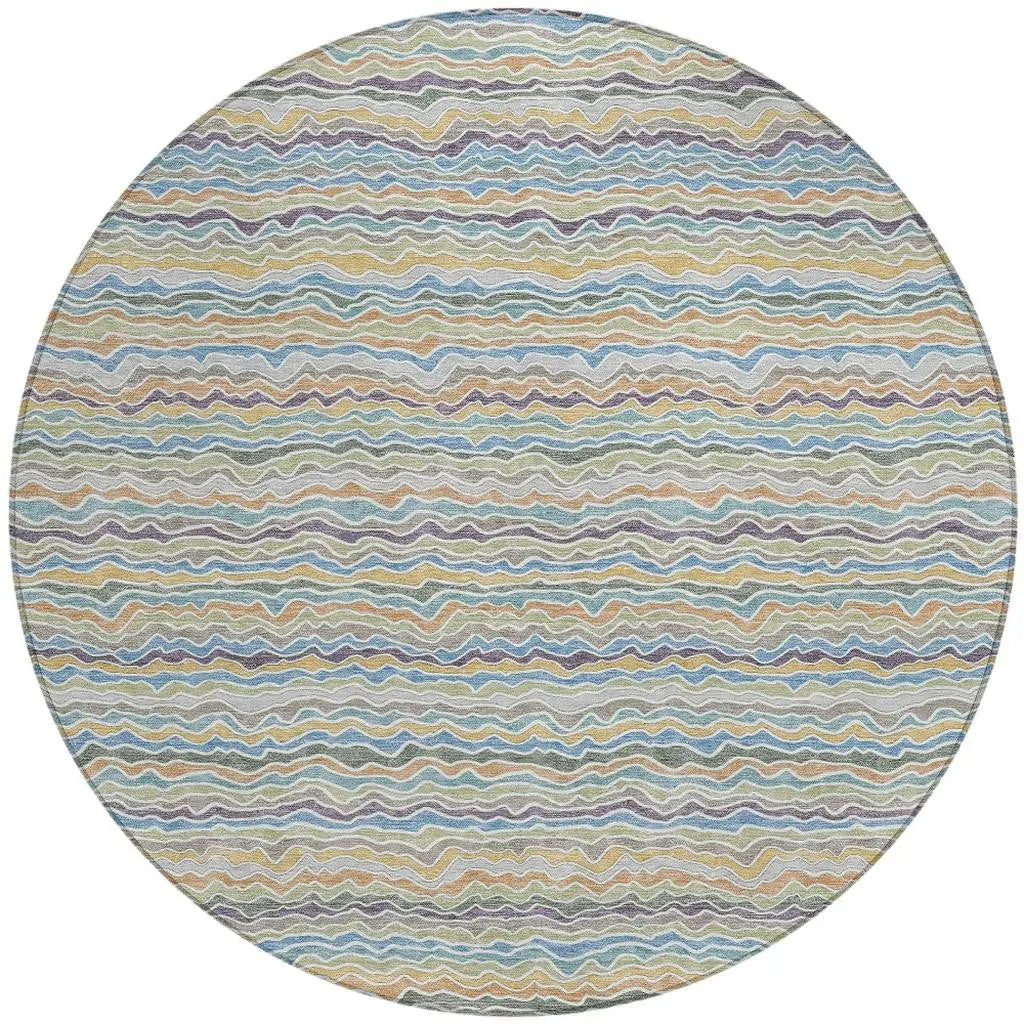 8' Blue And Green Round Striped Washable Indoor Outdoor Area Rug Homeroots Outdoor