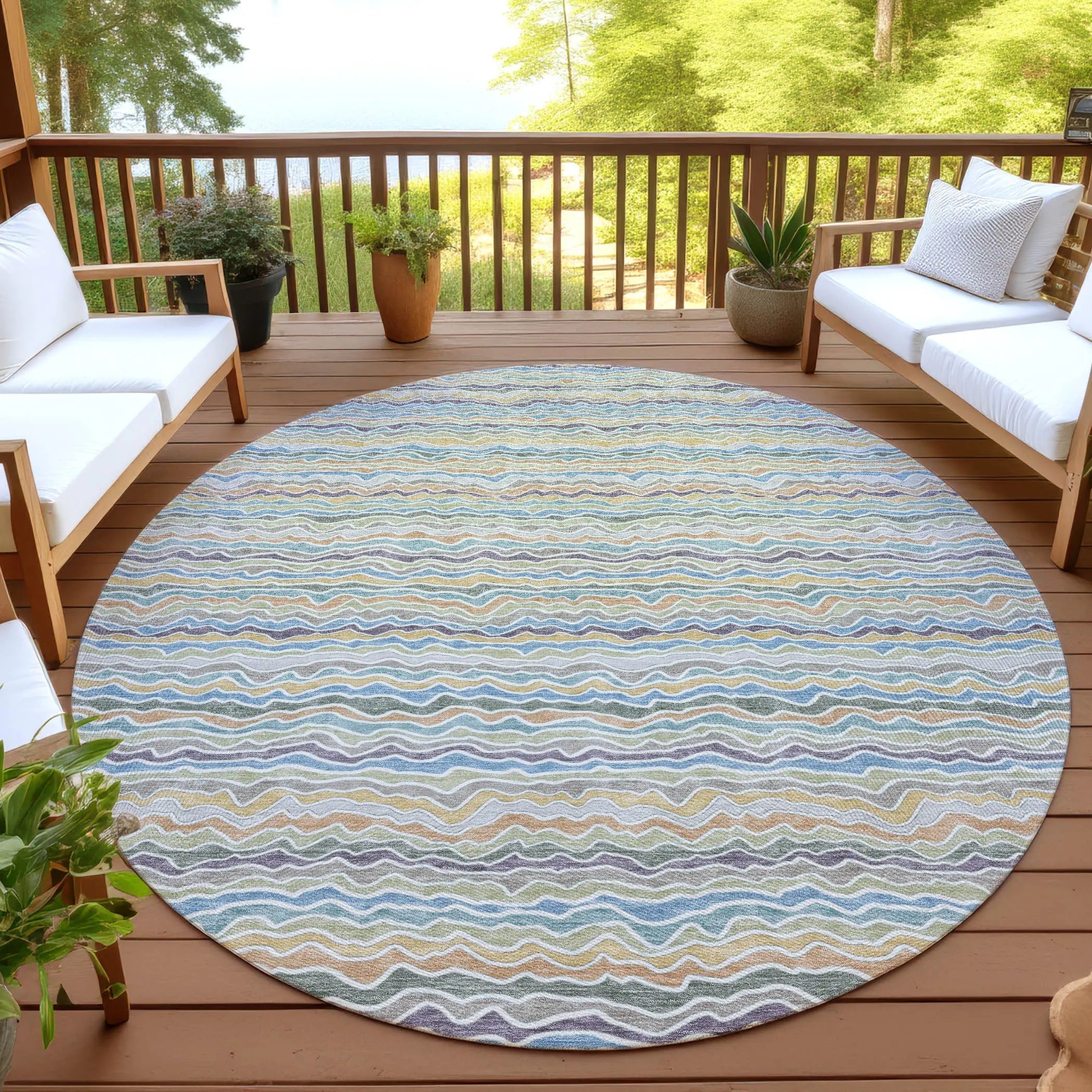 8' Blue And Green Round Striped Washable Indoor Outdoor Area Rug Homeroots Outdoor