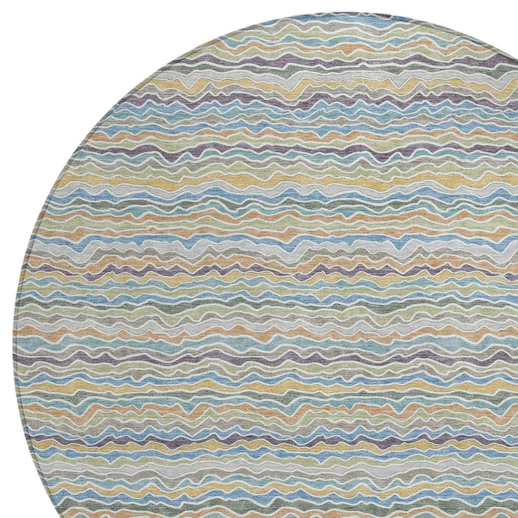 8' Blue And Green Round Striped Washable Indoor Outdoor Area Rug Homeroots Outdoor