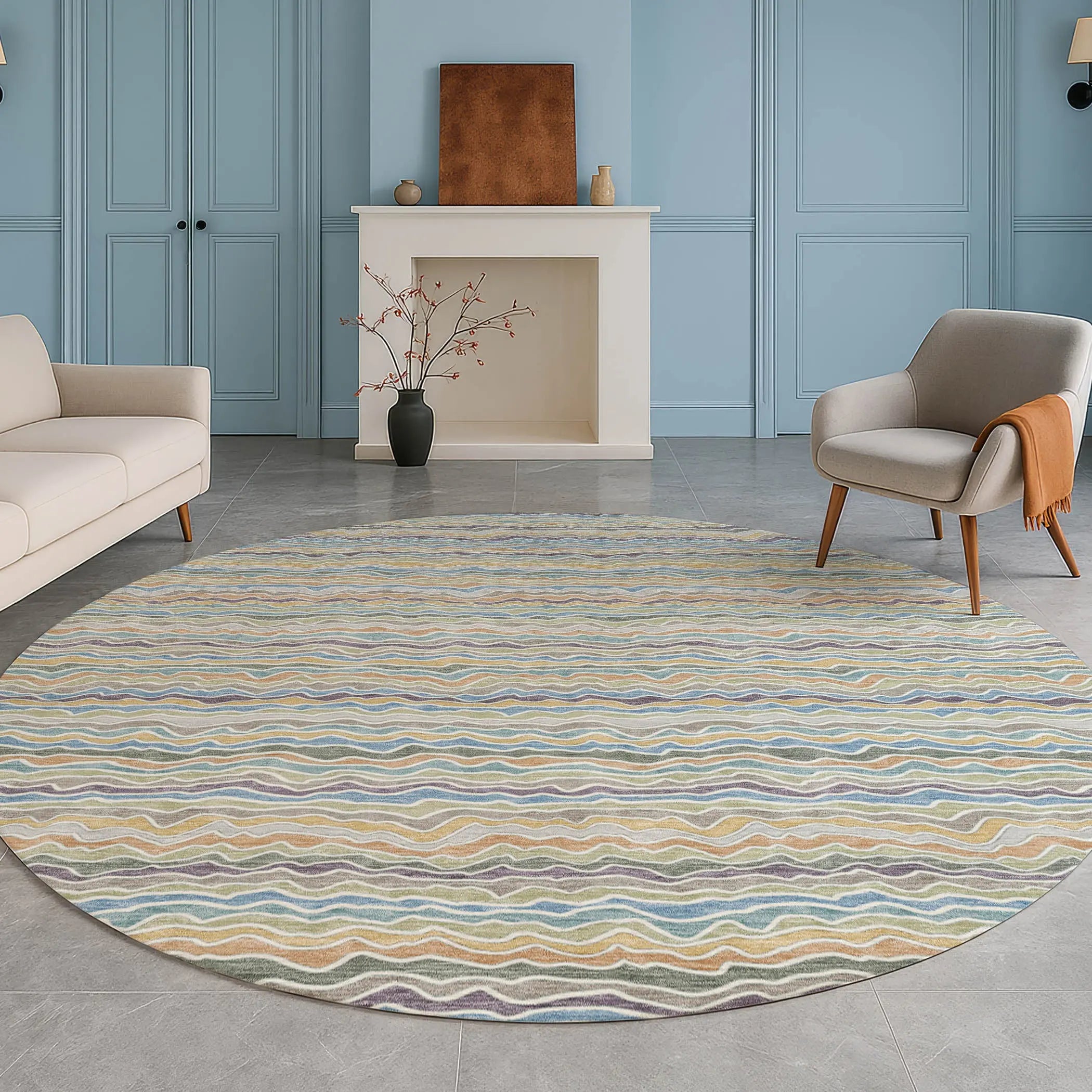 8' Blue And Green Round Striped Washable Indoor Outdoor Area Rug Homeroots Outdoor