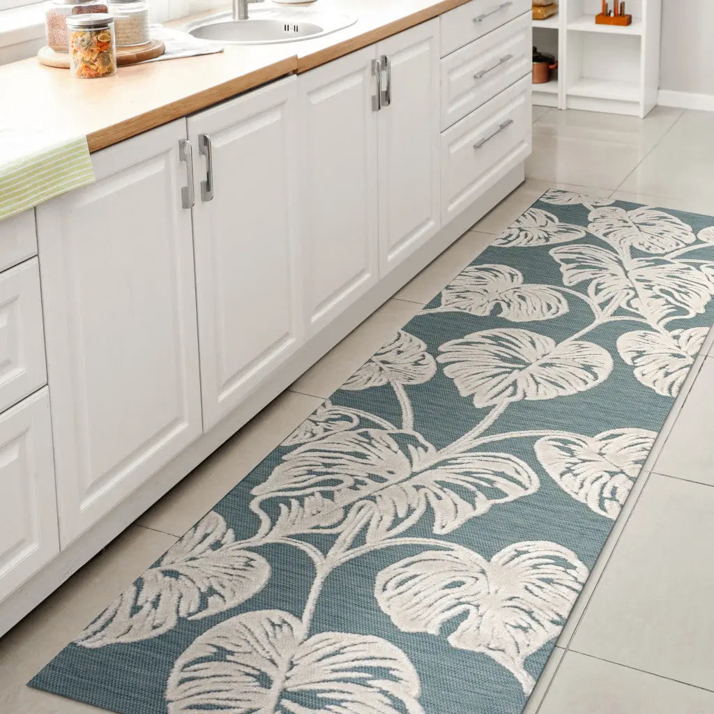 8' Blue And Ivory Floral Indoor Outdoor Runner Rug Homeroots Outdoor
