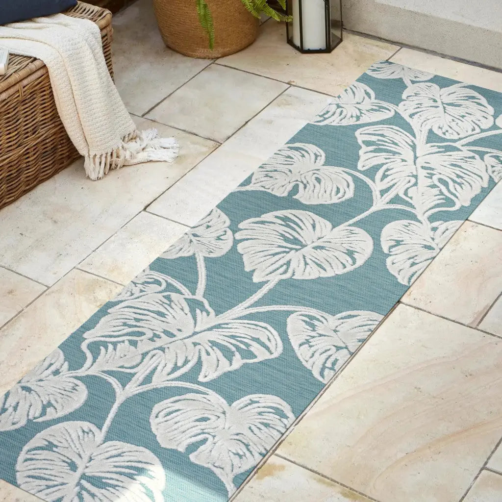 8' Blue And Ivory Floral Indoor Outdoor Runner Rug Homeroots Outdoor