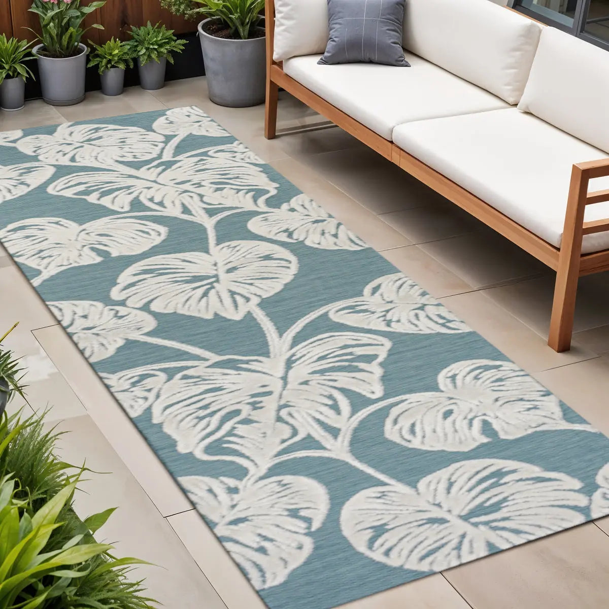 8' Blue And Ivory Floral Indoor Outdoor Runner Rug Homeroots Outdoor