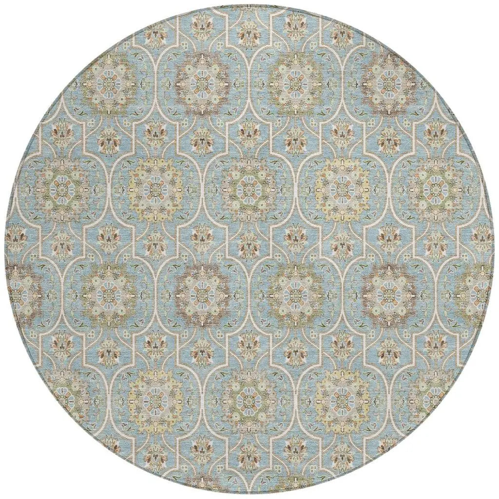 8' Blue And Ivory Round Floral Medallion Washable Indoor Outdoor Area Rug Homeroots Outdoor