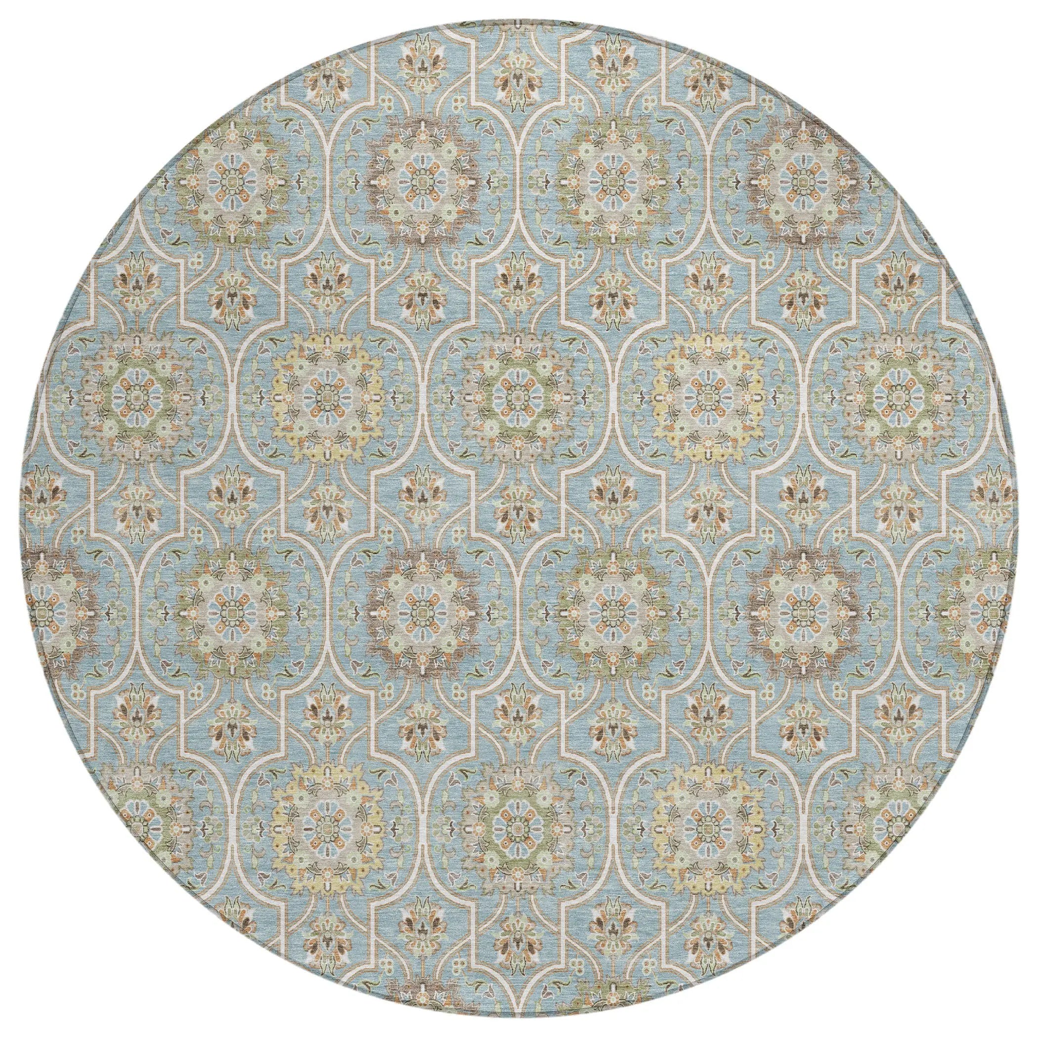 8' Blue And Ivory Round Floral Medallion Washable Indoor Outdoor Area Rug Homeroots Outdoor