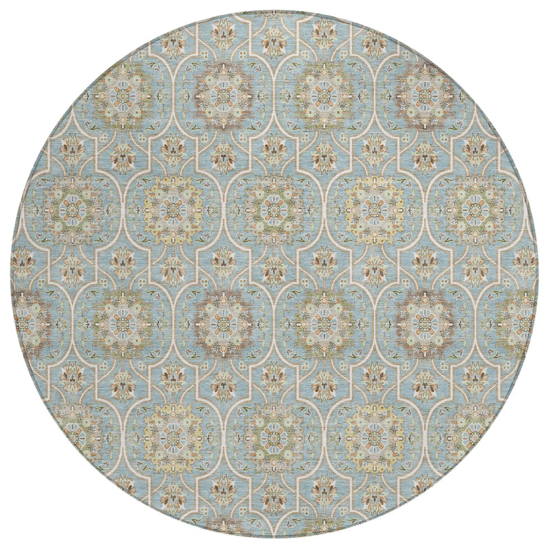 8' Blue And Ivory Round Floral Medallion Washable Indoor Outdoor Area Rug Homeroots Outdoor