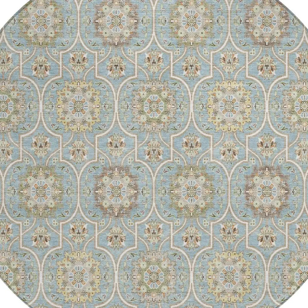 8' Blue And Ivory Round Floral Medallion Washable Indoor Outdoor Area Rug Homeroots Outdoor