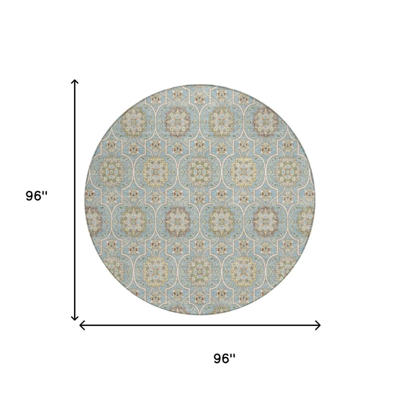 8' Blue And Ivory Round Floral Medallion Washable Indoor Outdoor Area Rug Homeroots Outdoor