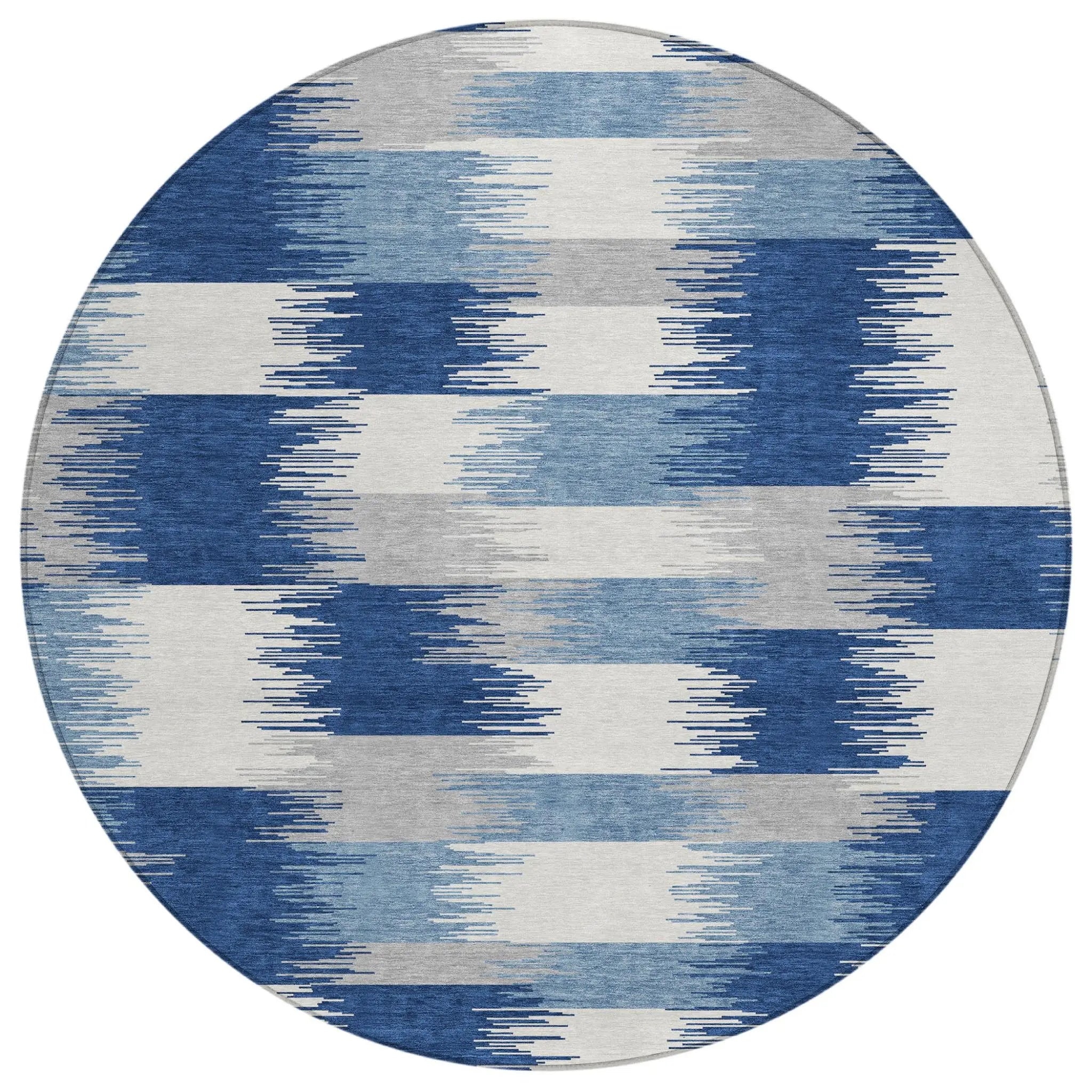 8' Blue And Ivory Round Geometric Washable Indoor Outdoor Area Rug Homeroots Outdoor