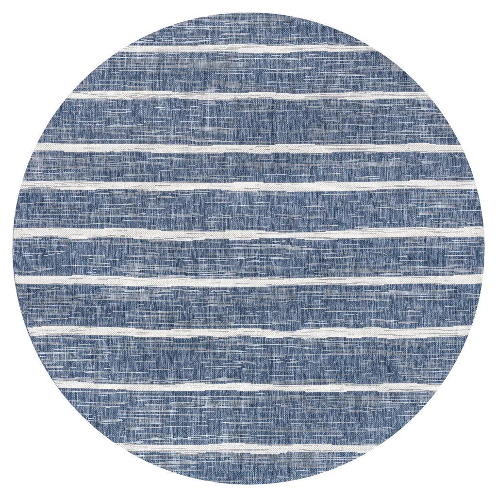 8' Blue And Ivory Round Striped Indoor Outdoor Area Rug Homeroots Outdoor