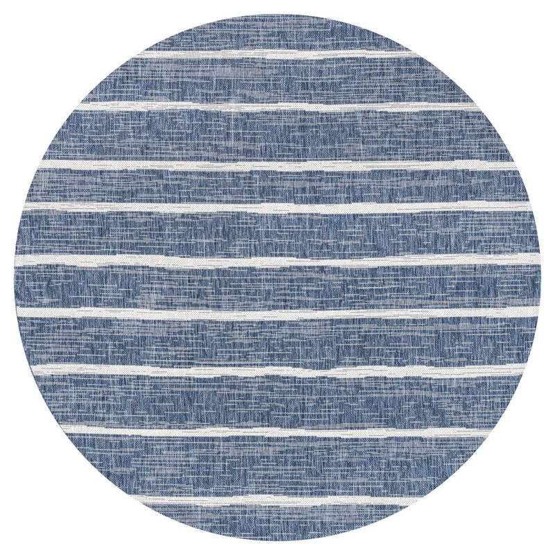 8' Blue And Ivory Round Striped Indoor Outdoor Area Rug Homeroots Outdoor