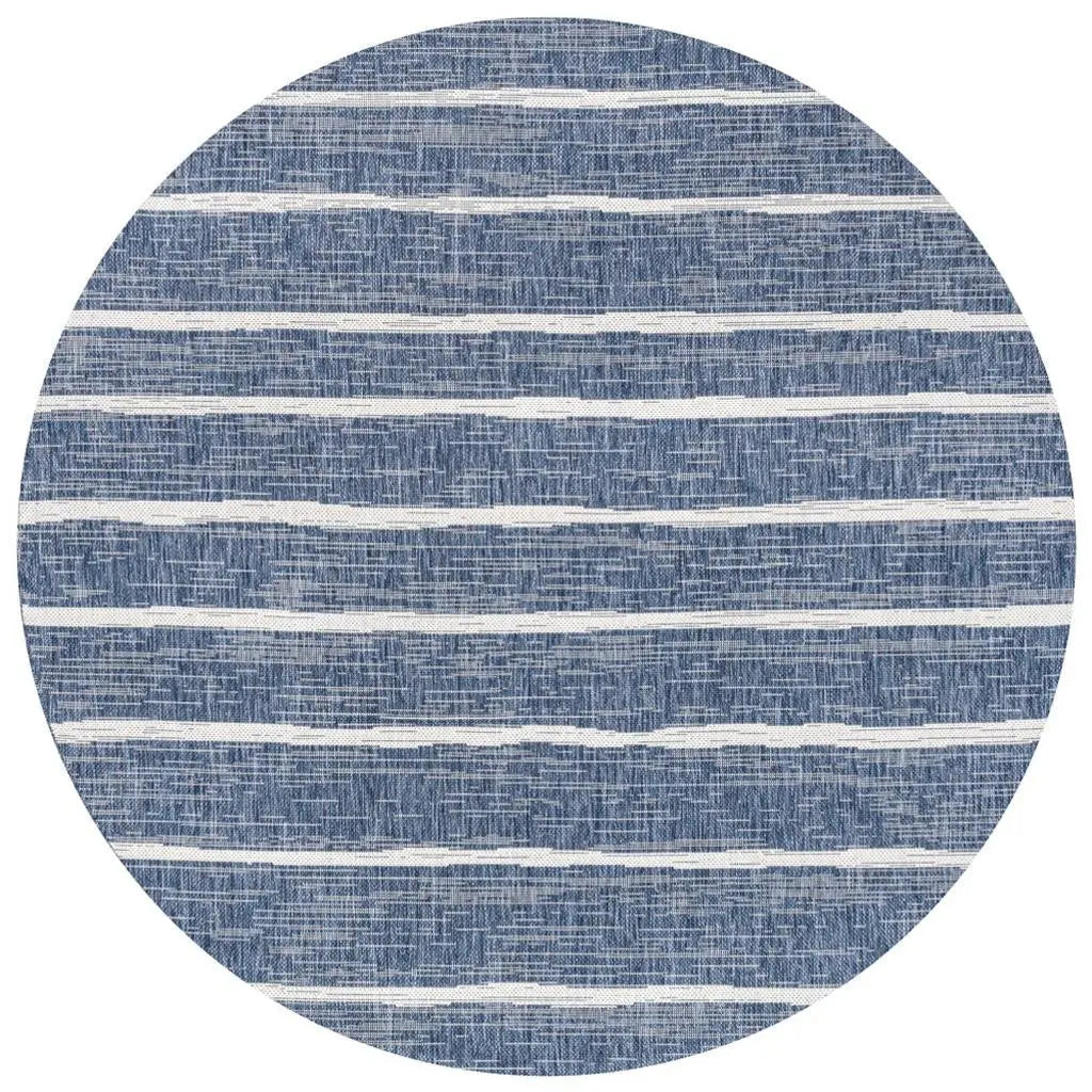 8' Blue And Ivory Round Striped Indoor Outdoor Area Rug Homeroots Outdoor