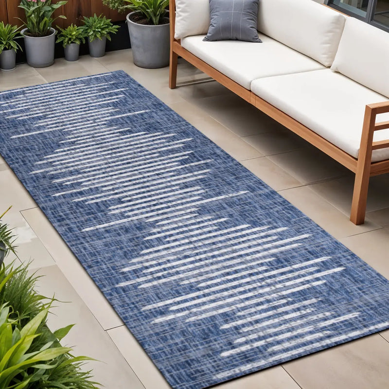 8' Blue And Ivory Striped Indoor Outdoor Runner Rug Homeroots Outdoor
