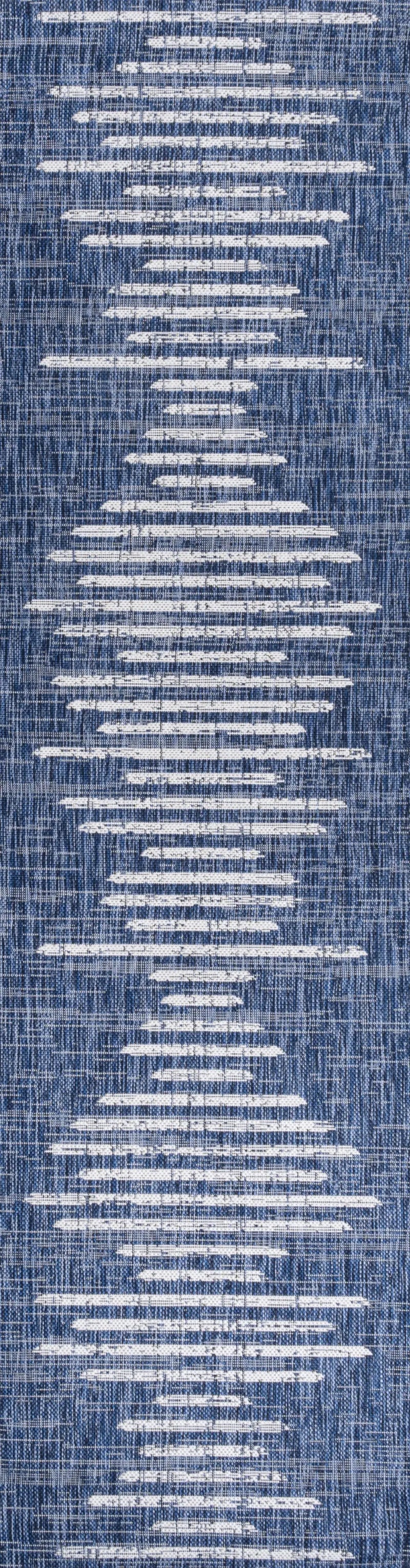 8' Blue And Ivory Striped Indoor Outdoor Runner Rug Homeroots Outdoor