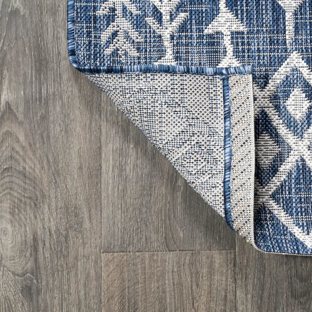 8' Blue And Ivory Trellis Indoor Outdoor Runner Rug Homeroots Outdoor
