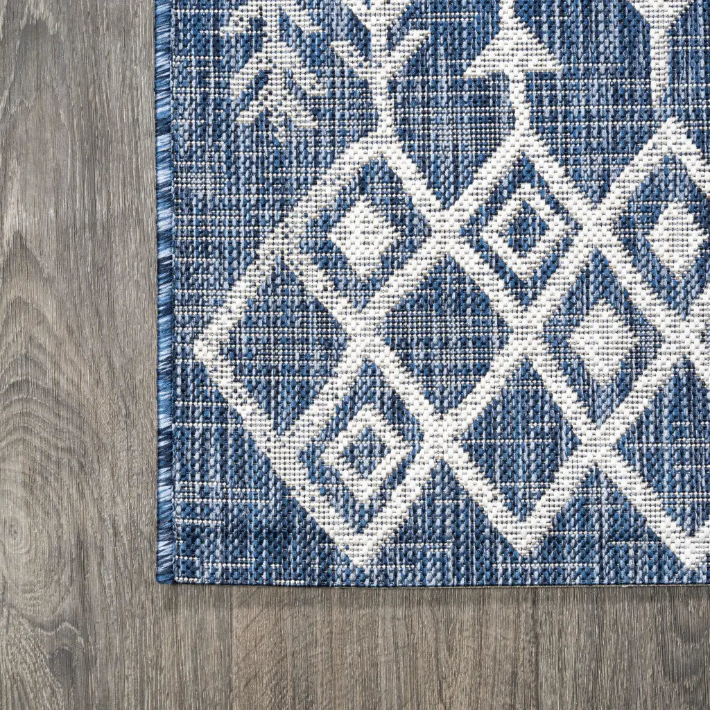 8' Blue And Ivory Trellis Indoor Outdoor Runner Rug Homeroots Outdoor