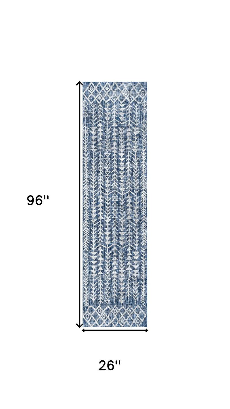 8' Blue And Ivory Trellis Indoor Outdoor Runner Rug Homeroots Outdoor