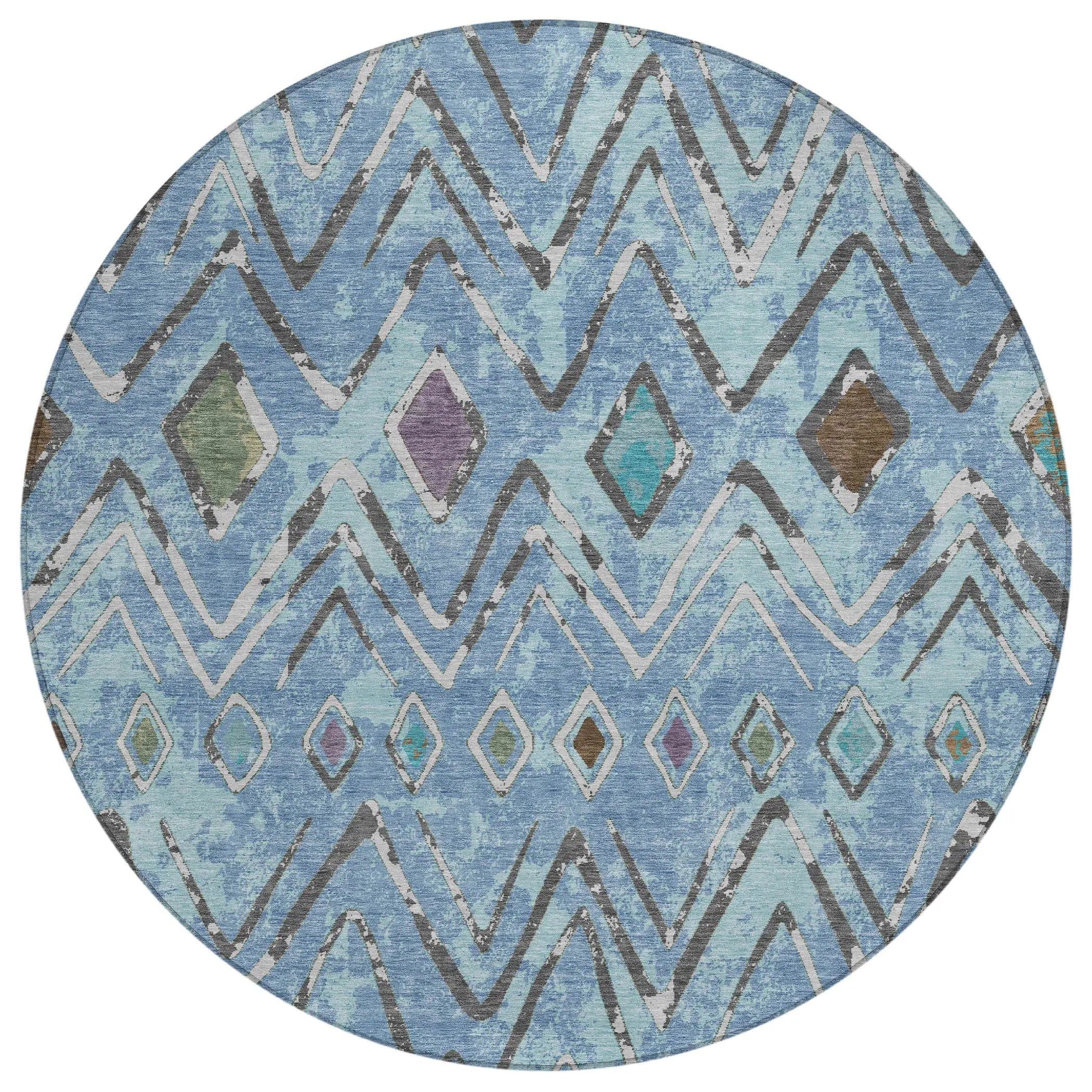 8' Blue And Khaki Round Geometric Washable Indoor Outdoor Area Rug Homeroots Outdoor