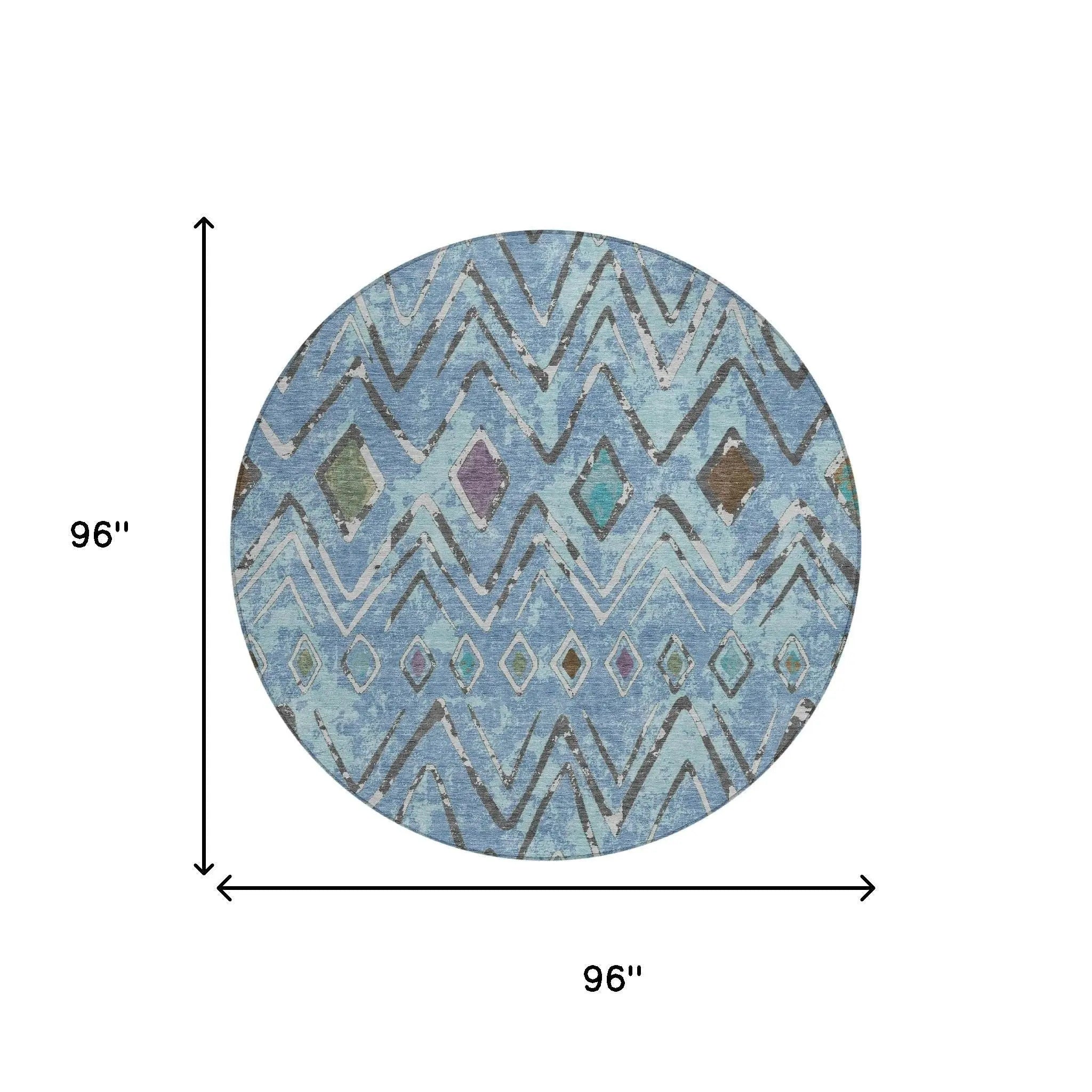 8' Blue And Khaki Round Geometric Washable Indoor Outdoor Area Rug Homeroots Outdoor