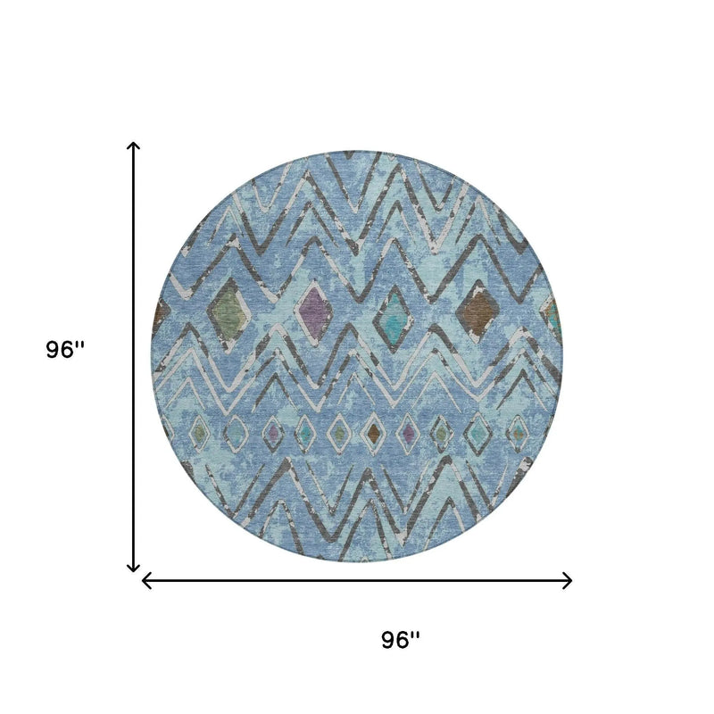 8' Blue And Khaki Round Geometric Washable Indoor Outdoor Area Rug Homeroots Outdoor
