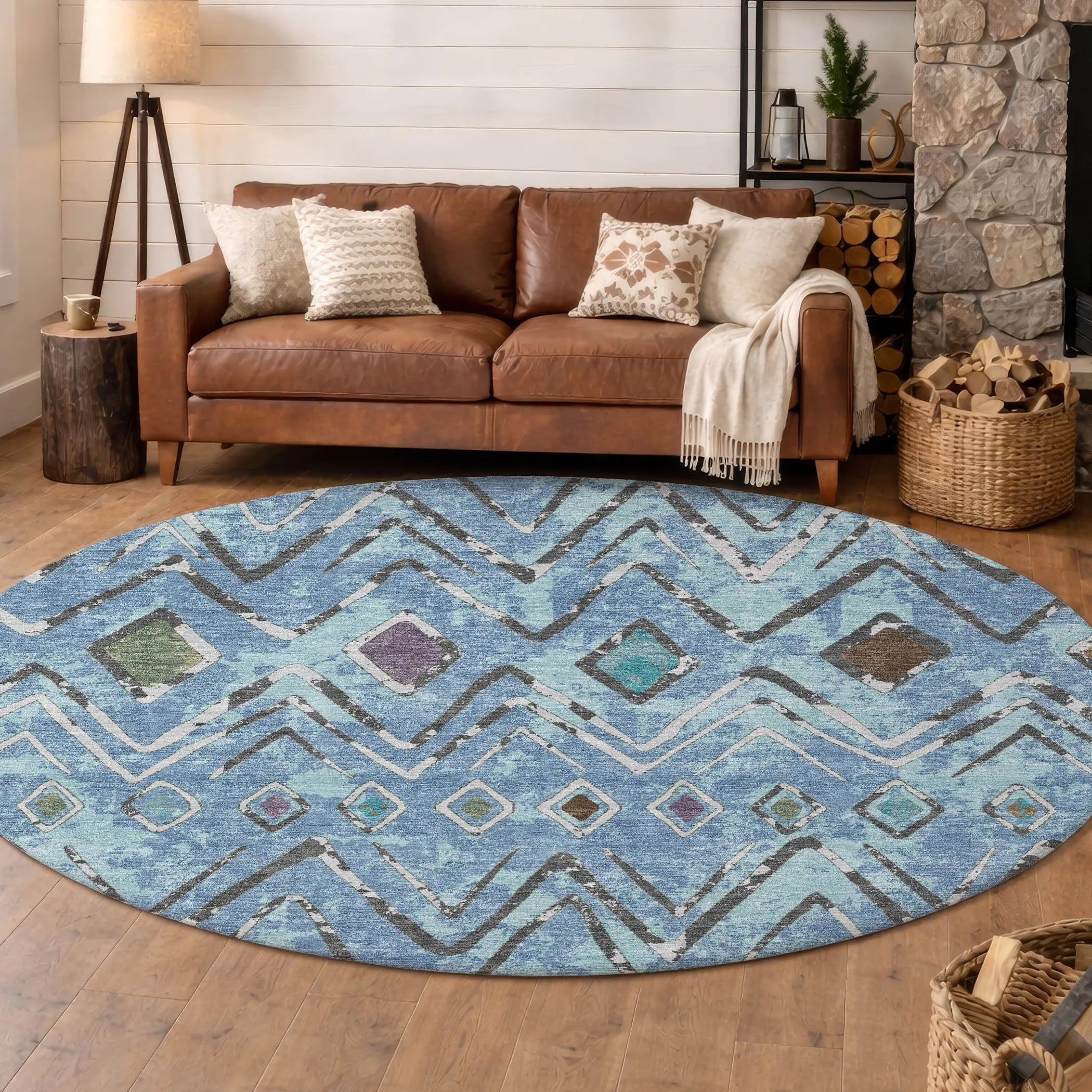 8' Blue And Khaki Round Geometric Washable Indoor Outdoor Area Rug Homeroots Outdoor