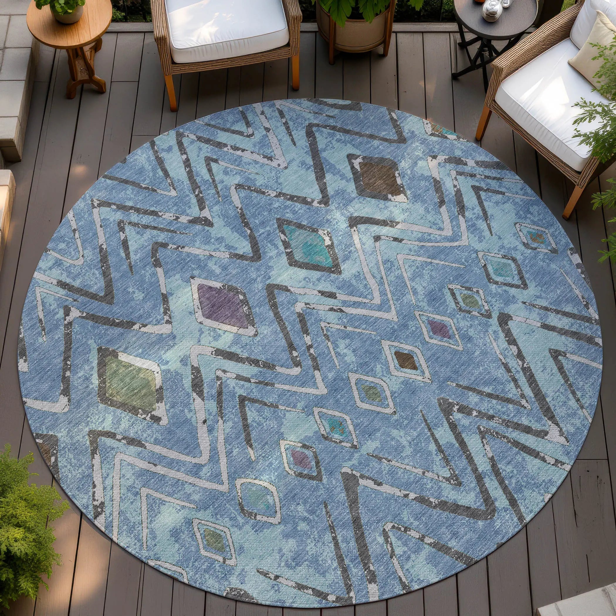 8' Blue And Khaki Round Geometric Washable Indoor Outdoor Area Rug Homeroots Outdoor