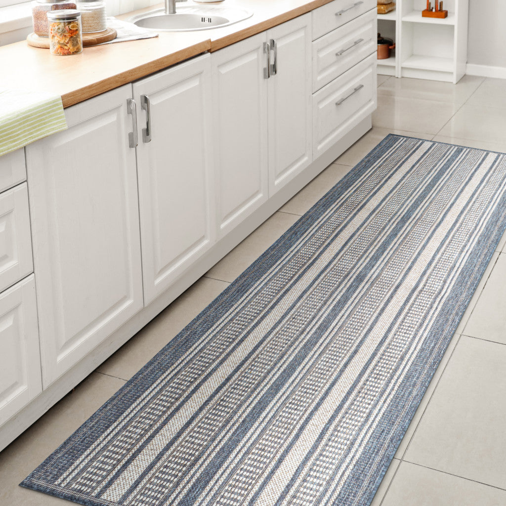 8' Blue And Light Gray Striped Indoor Outdoor Runner Rug - GreatEagleInc