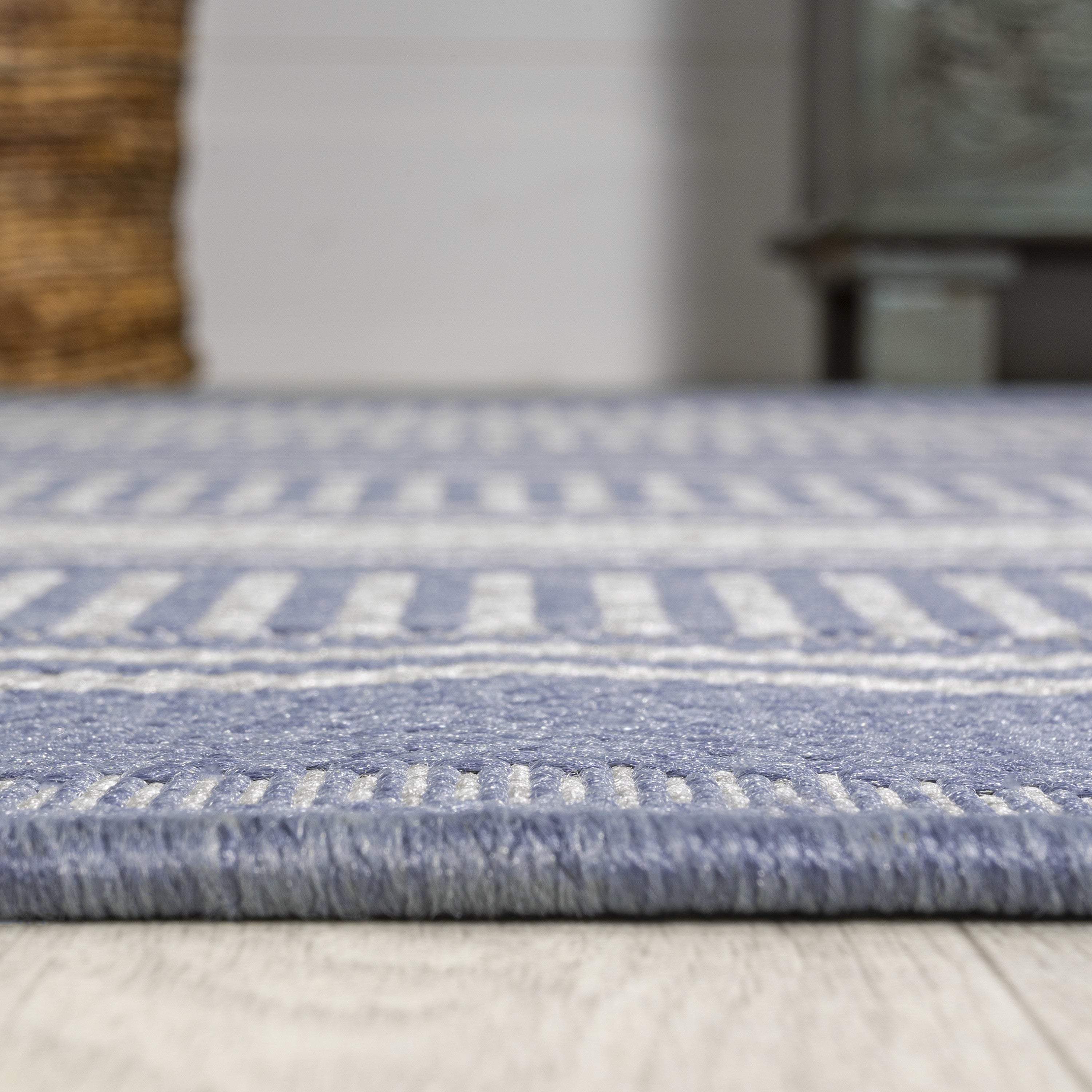 8' Blue And Light Gray Striped Indoor Outdoor Runner Rug - GreatEagleInc