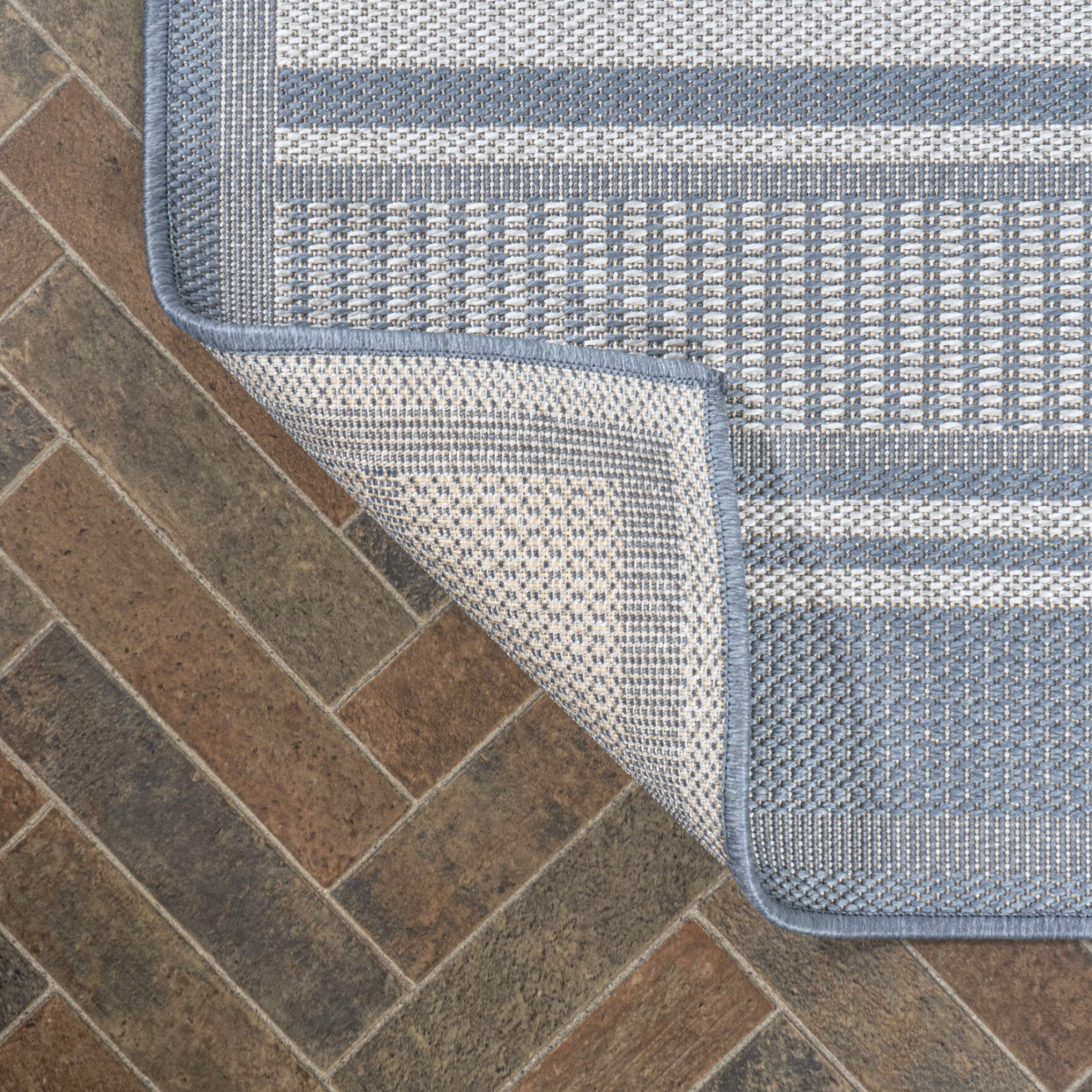 8' Blue And Light Gray Striped Indoor Outdoor Runner Rug - GreatEagleInc