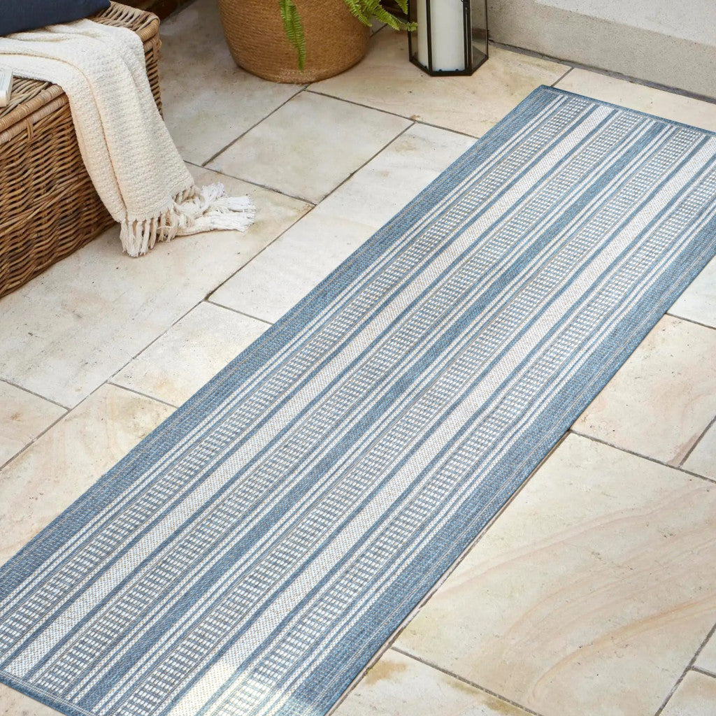 8' Blue And Light Gray Striped Indoor Outdoor Runner Rug - GreatEagleInc