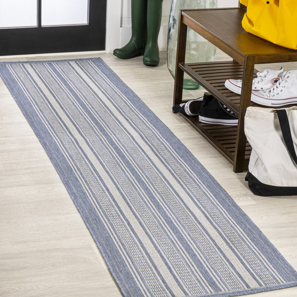 8' Blue And Light Gray Striped Indoor Outdoor Runner Rug - GreatEagleInc