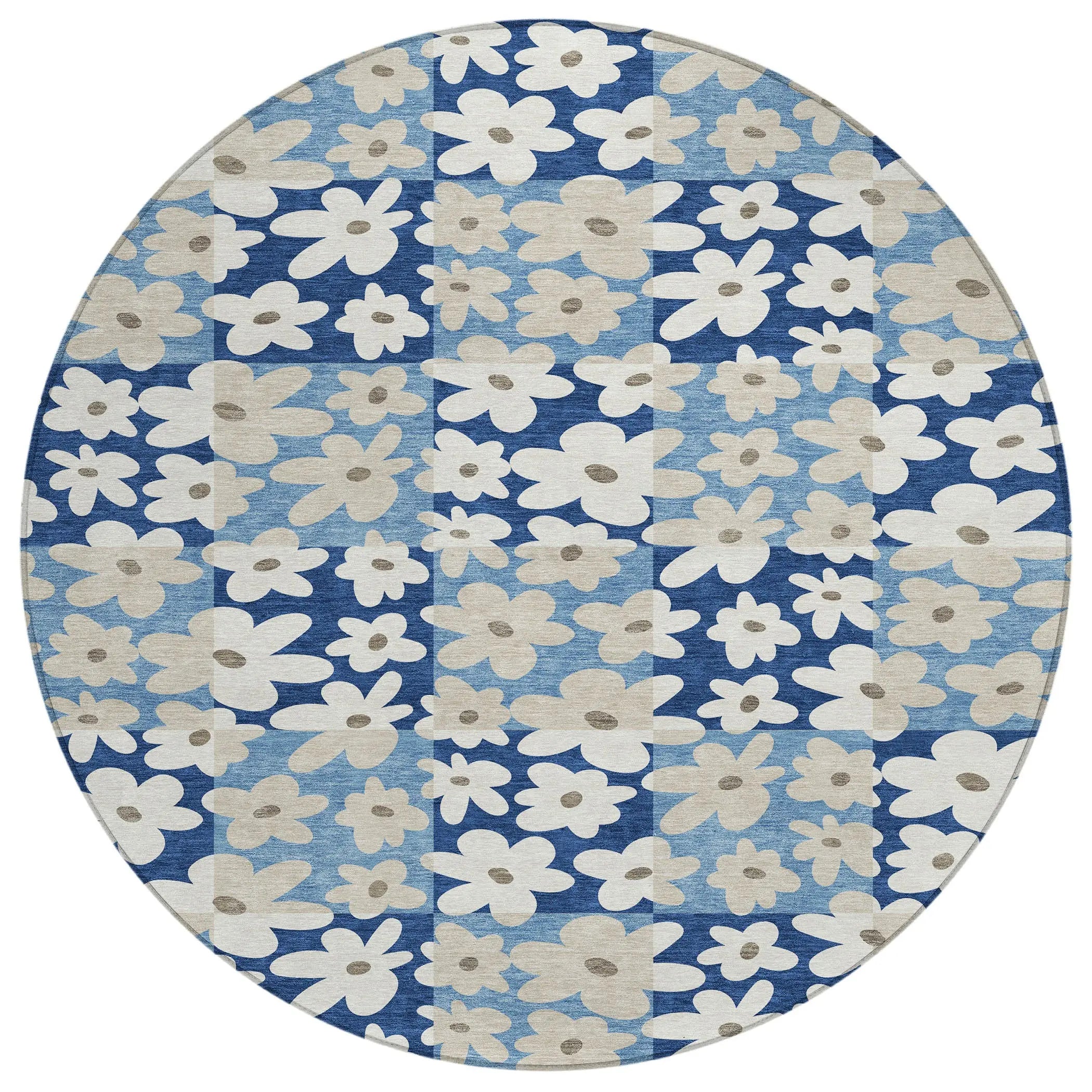 8' Blue And Navy Blue Round Floral Washable Indoor Outdoor Area Rug Homeroots Outdoor