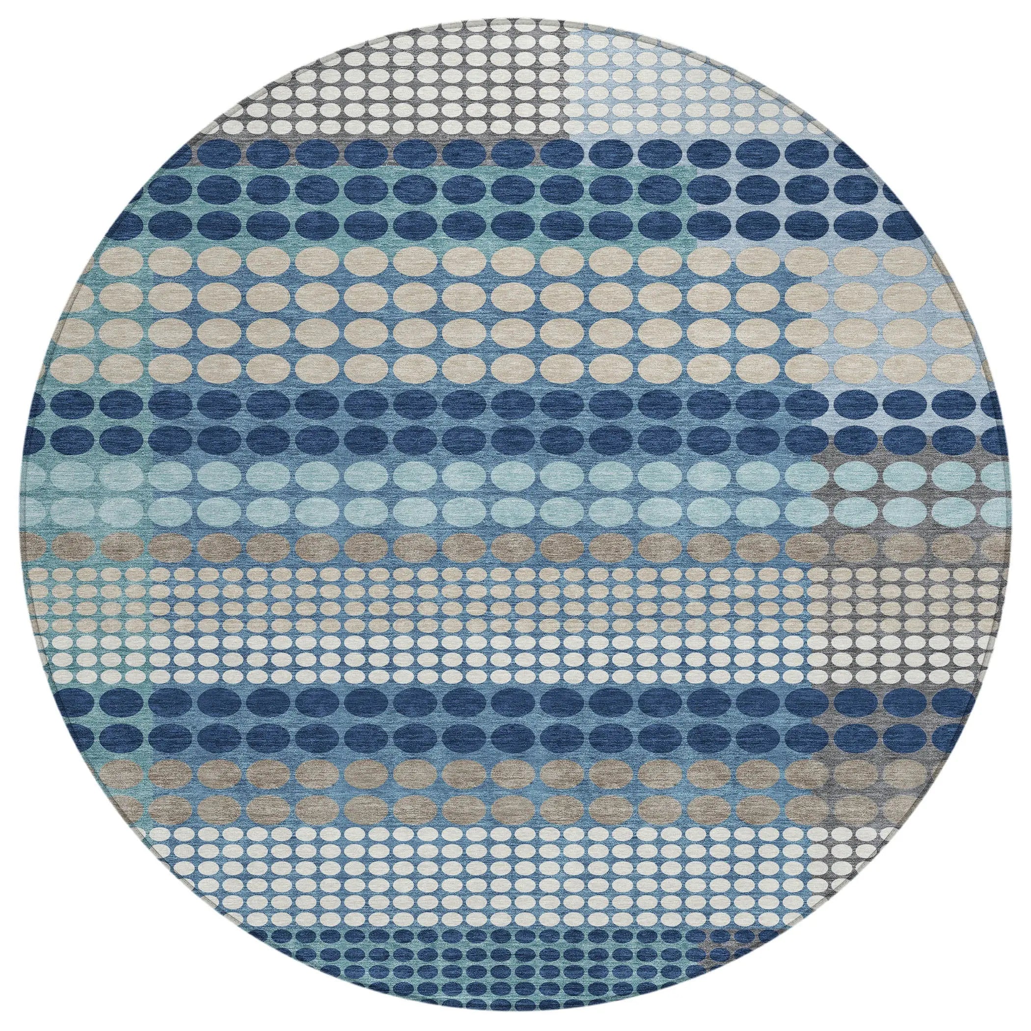 8' Blue And Navy Blue Round Geometric Washable Indoor Outdoor Area Rug Homeroots Outdoor