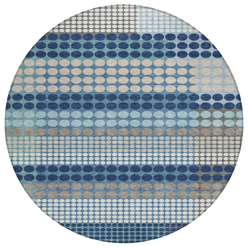 8' Blue And Navy Blue Round Geometric Washable Indoor Outdoor Area Rug Homeroots Outdoor