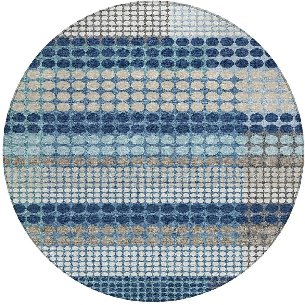 8' Blue And Navy Blue Round Geometric Washable Indoor Outdoor Area Rug Homeroots Outdoor