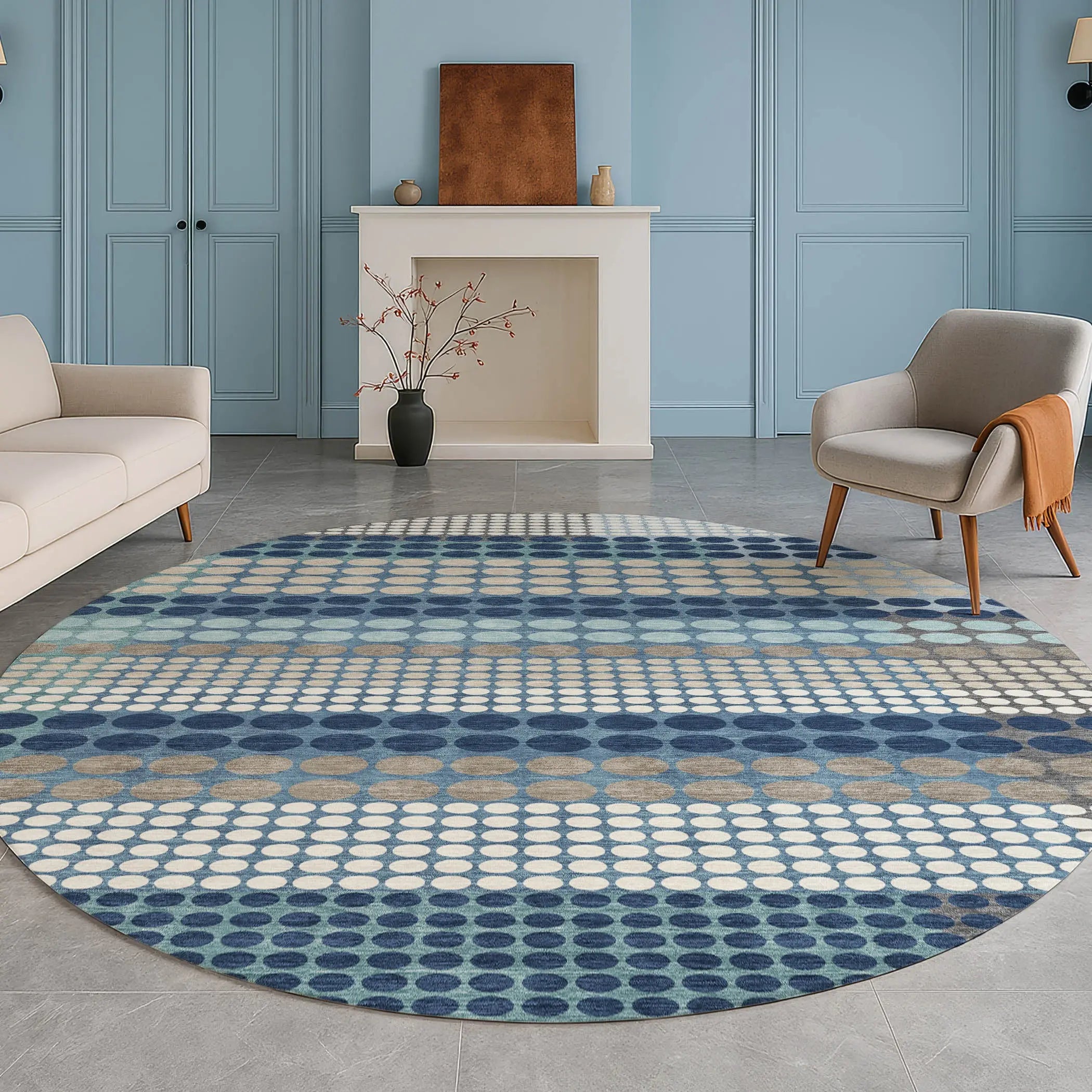 8' Blue And Navy Blue Round Geometric Washable Indoor Outdoor Area Rug Homeroots Outdoor