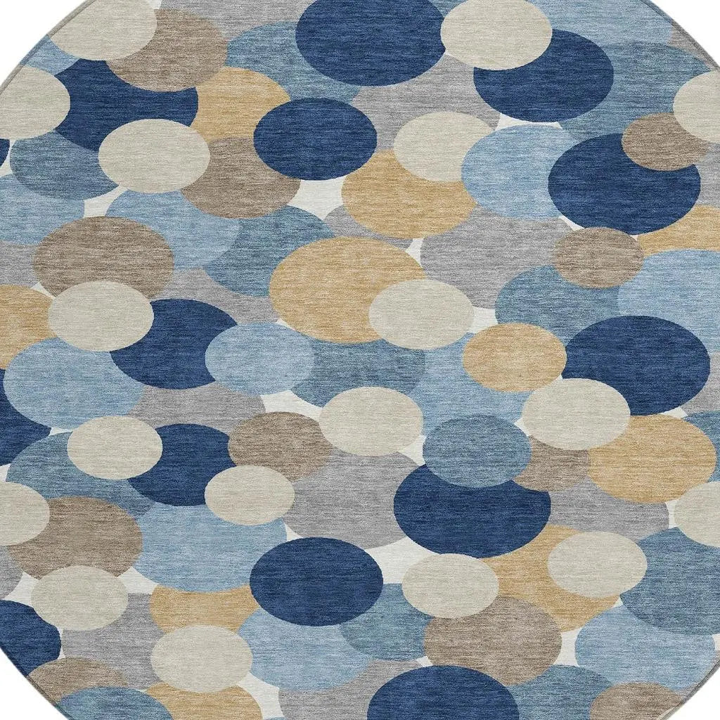 8' Blue And Navy Blue Round Geometric Washable Indoor Outdoor Area Rug Homeroots Outdoor
