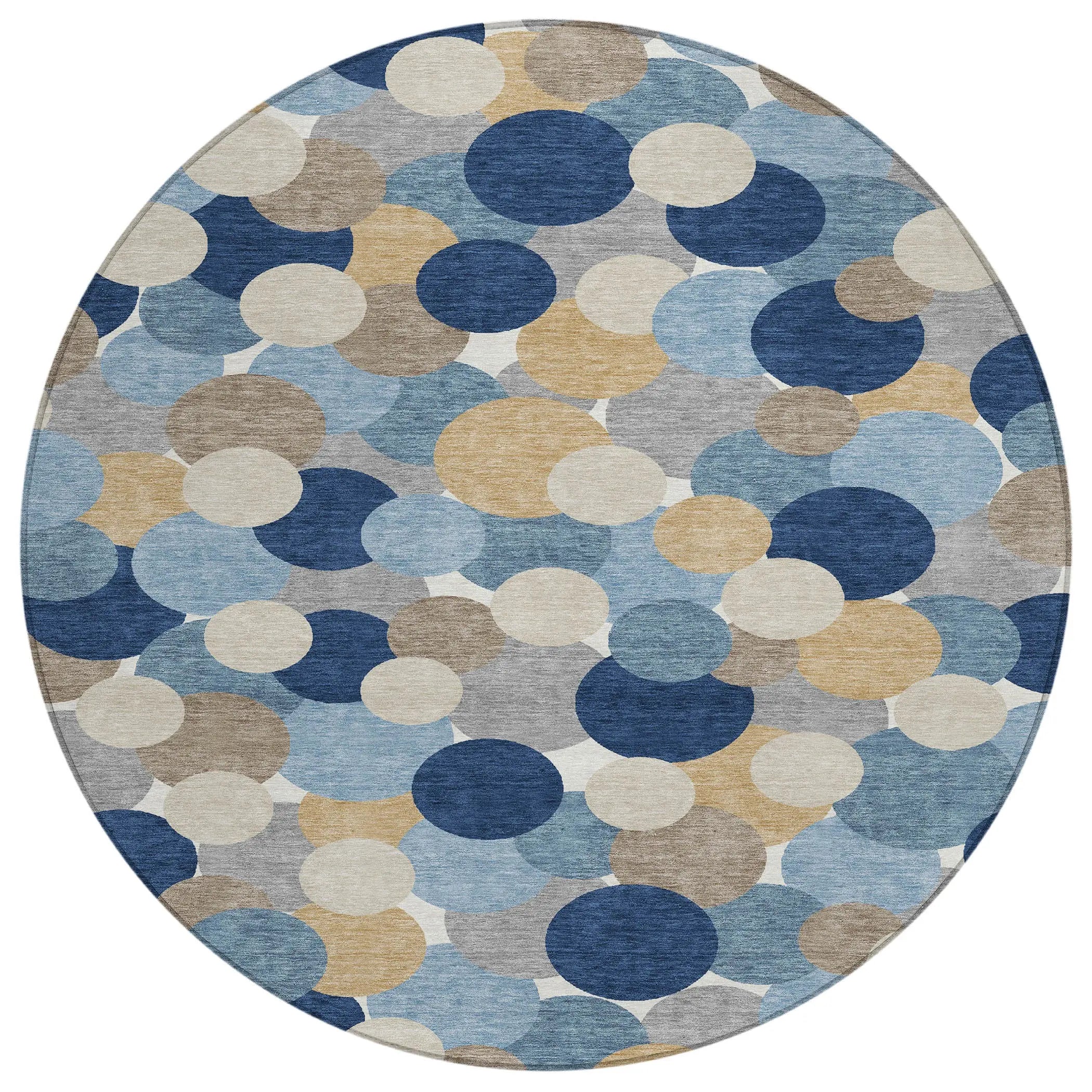 8' Blue And Navy Blue Round Geometric Washable Indoor Outdoor Area Rug Homeroots Outdoor