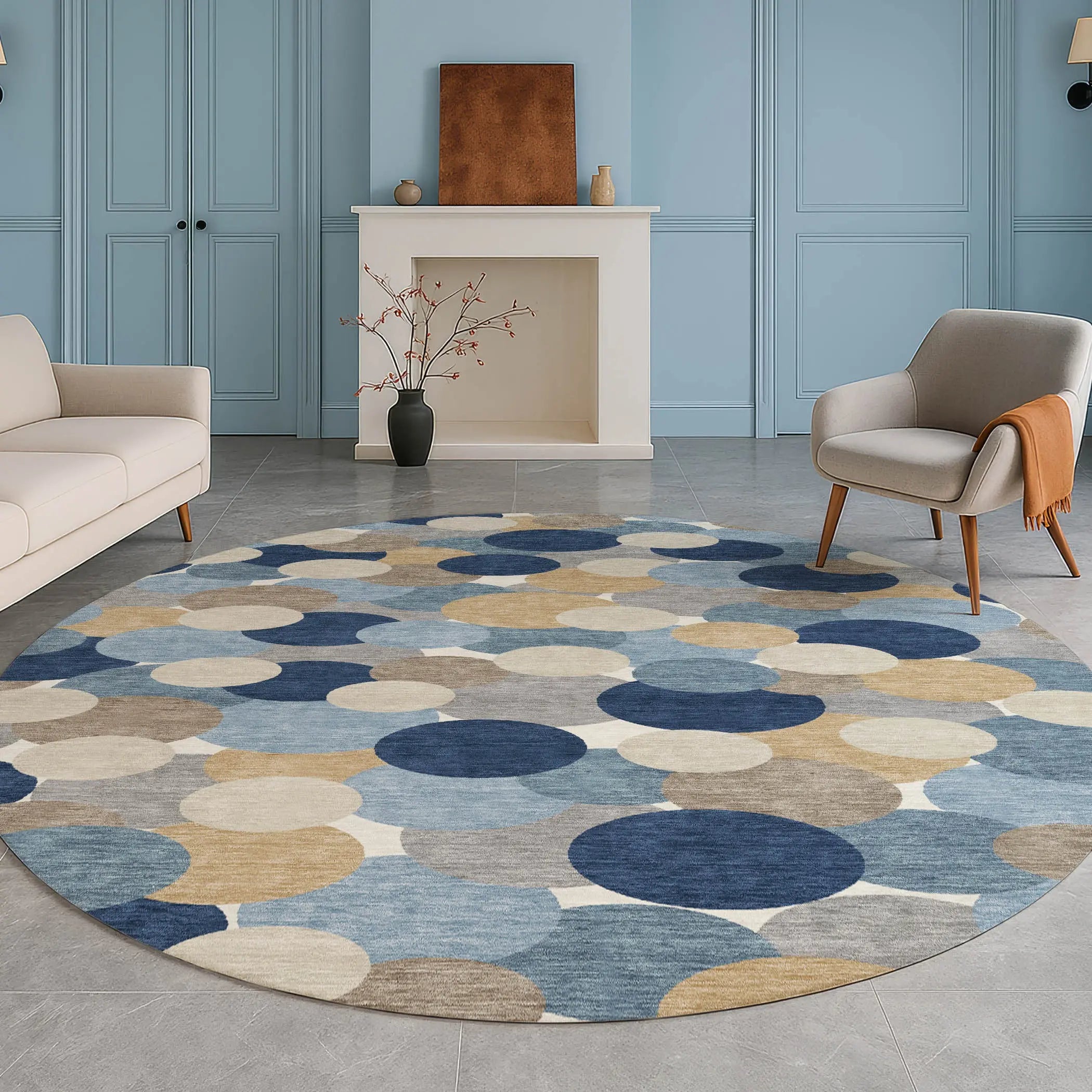 8' Blue And Navy Blue Round Geometric Washable Indoor Outdoor Area Rug Homeroots Outdoor