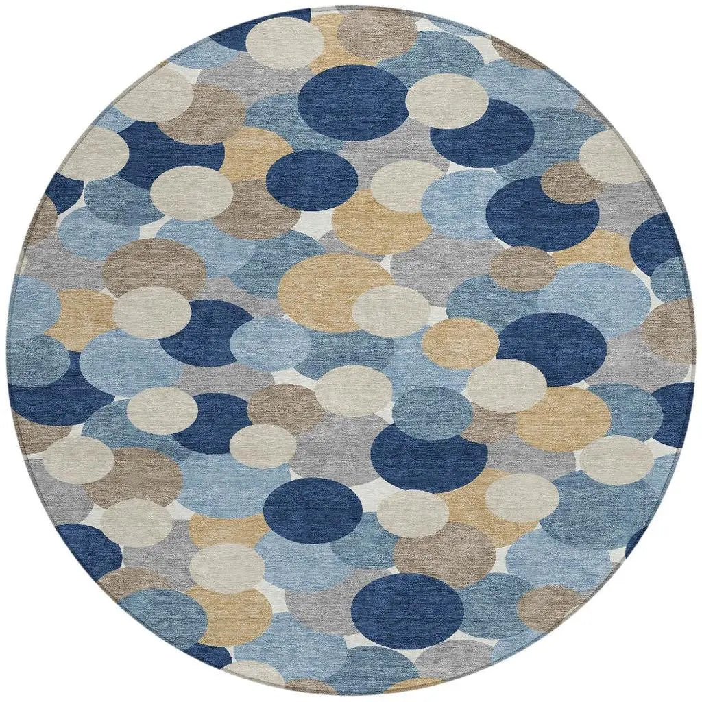 8' Blue And Navy Blue Round Geometric Washable Indoor Outdoor Area Rug Homeroots Outdoor