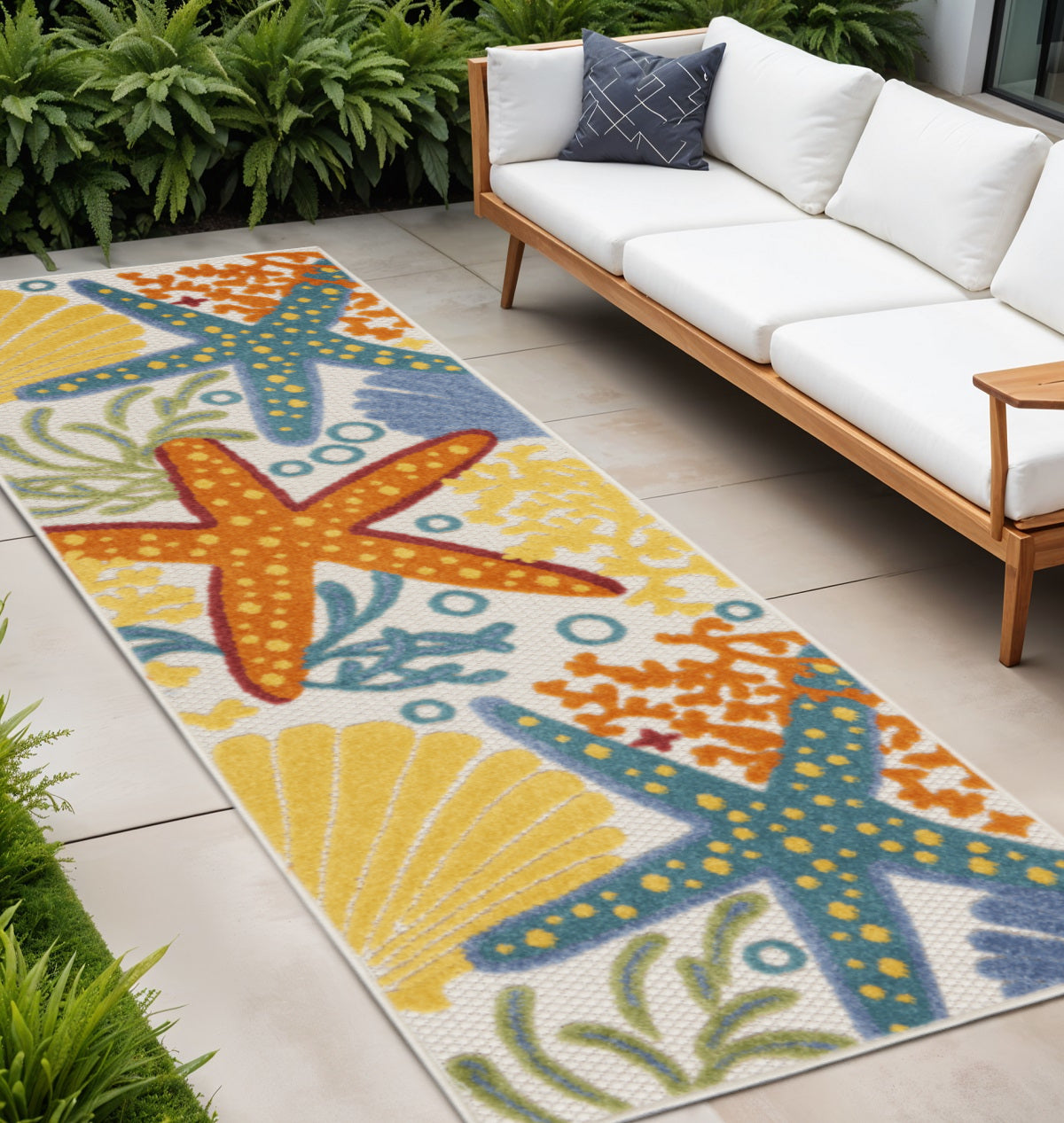 8' Blue And Orange Indoor Outdoor Runner Rug - GreatEagleInc