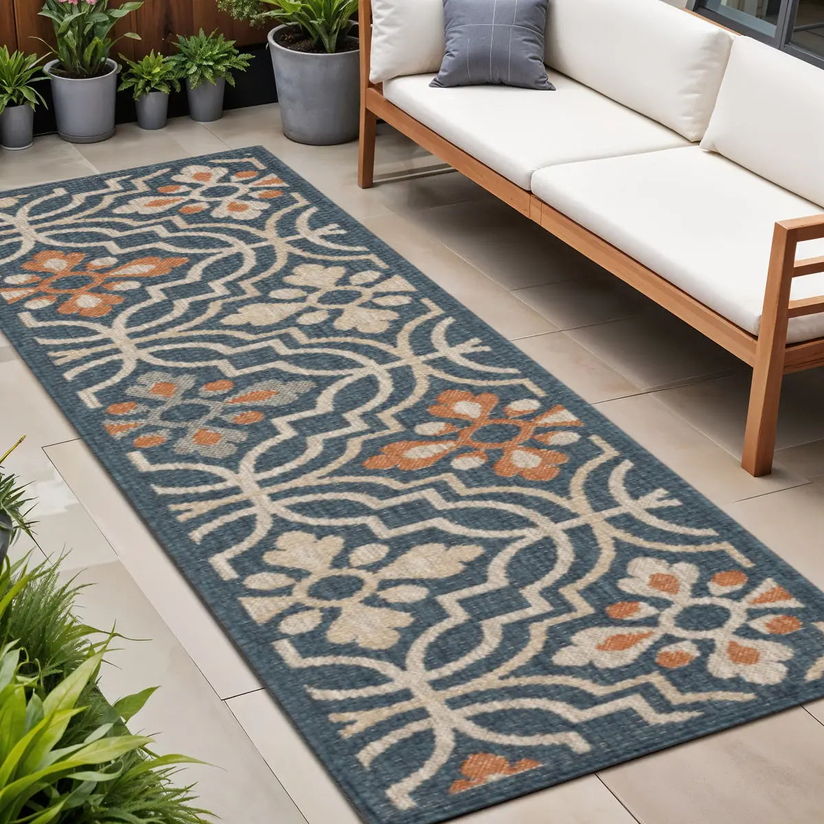 8' Blue And Orange Moroccan Indoor Outdoor Area Rug Homeroots Outdoor
