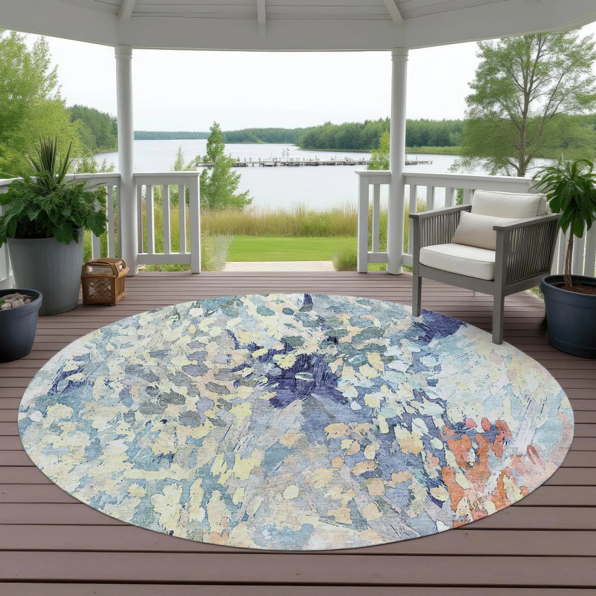 8' Blue And Pewter Round Abstract Washable Indoor Outdoor Area Rug Homeroots Outdoor