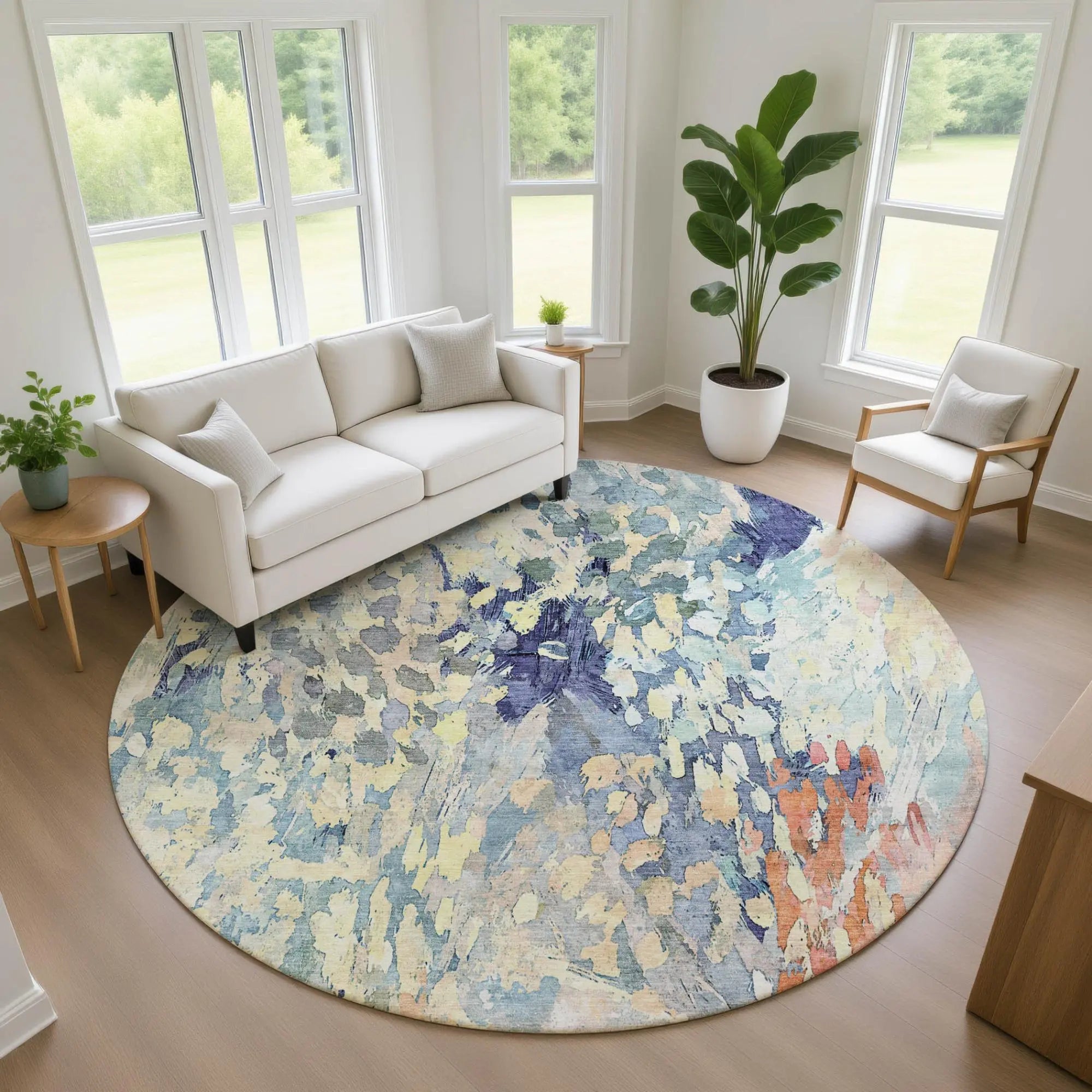 8' Blue And Pewter Round Abstract Washable Indoor Outdoor Area Rug Homeroots Outdoor