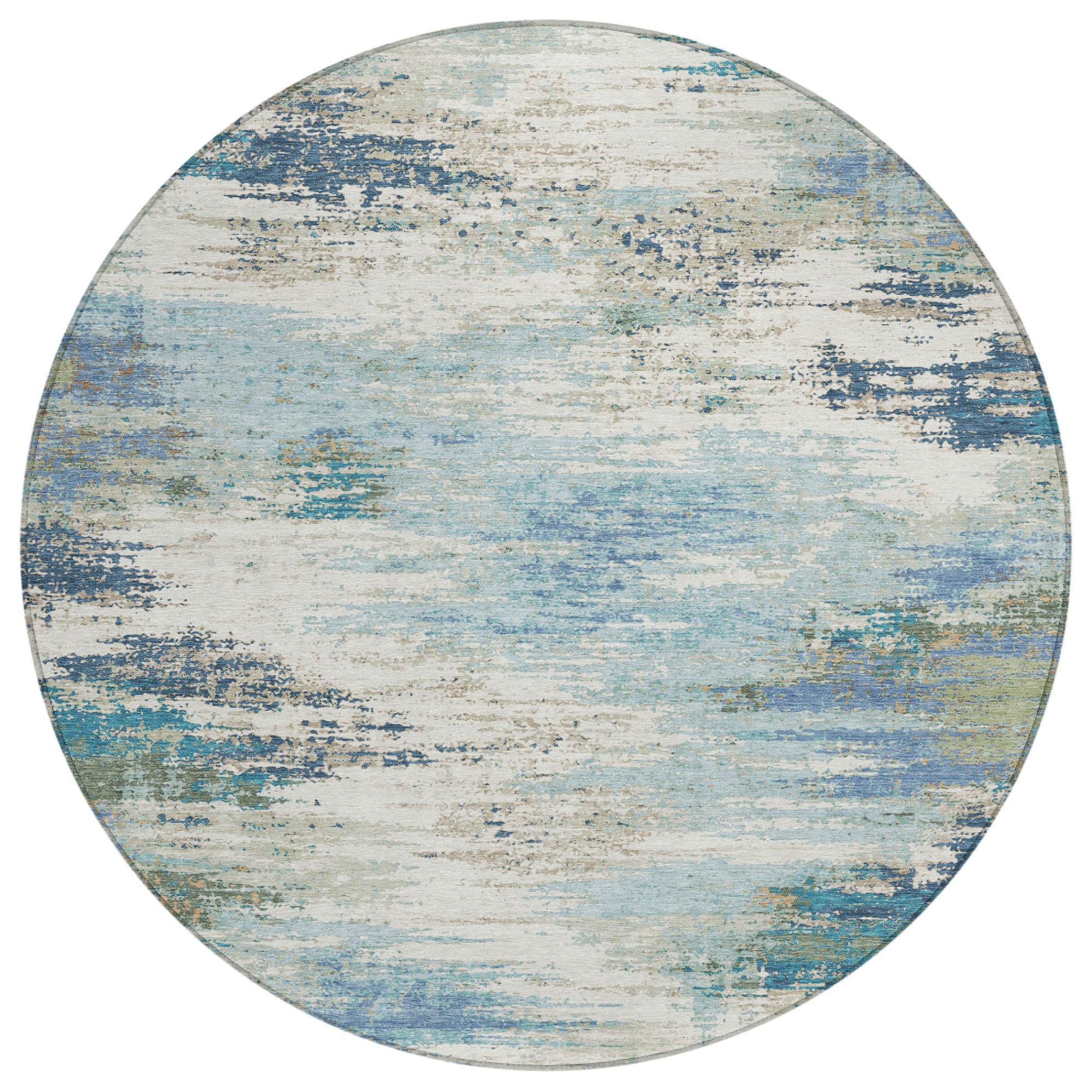8' Blue And Pewter Round Abstract Washable Indoor Outdoor Area Rug Homeroots Outdoor