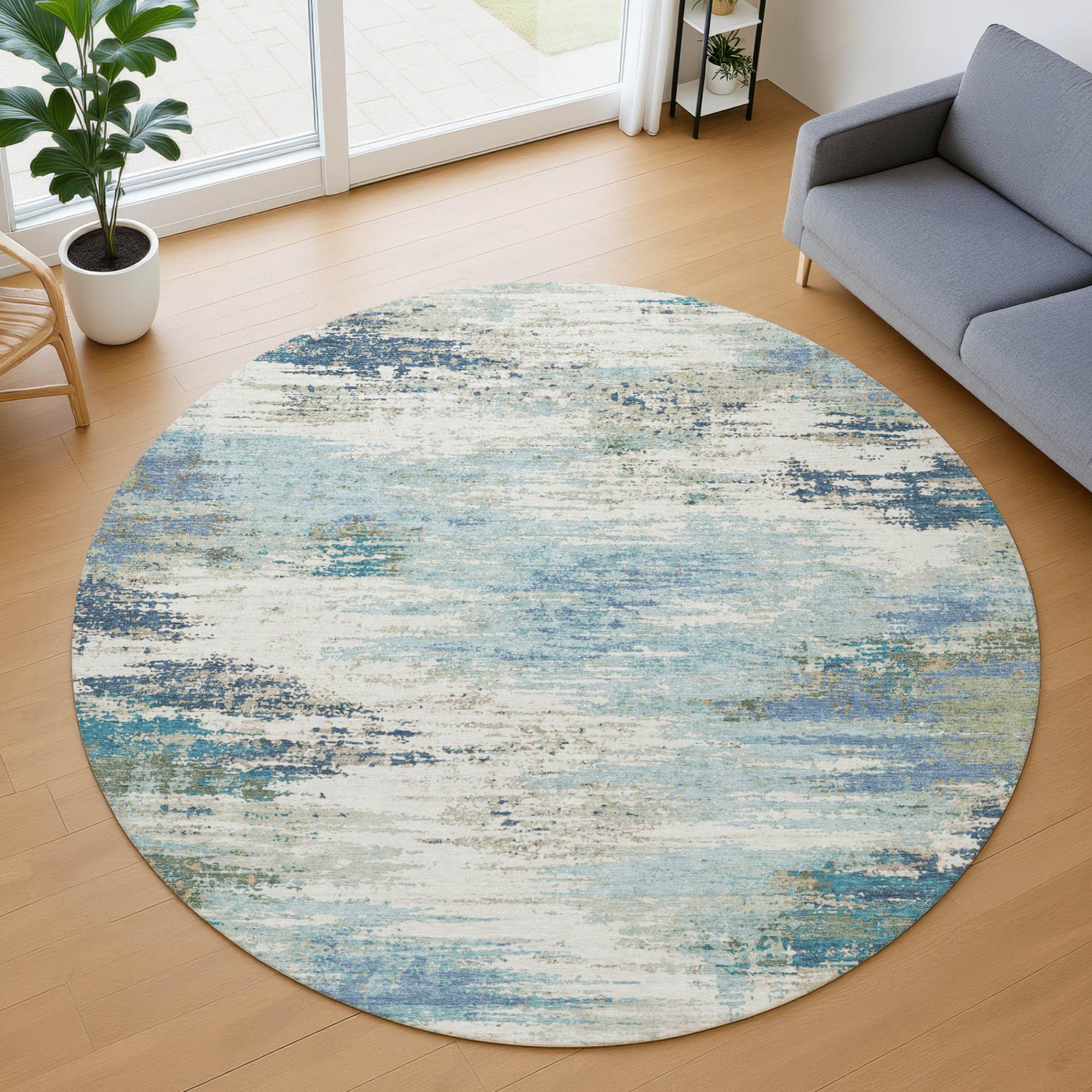 8' Blue And Pewter Round Abstract Washable Indoor Outdoor Area Rug Homeroots Outdoor